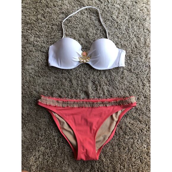 VICTORIA'S SECRET 34C/36B Swim Suit BIKINI TOP JEWEL & Black BOTTOMS Sz M V24 - Picture 2 of 16